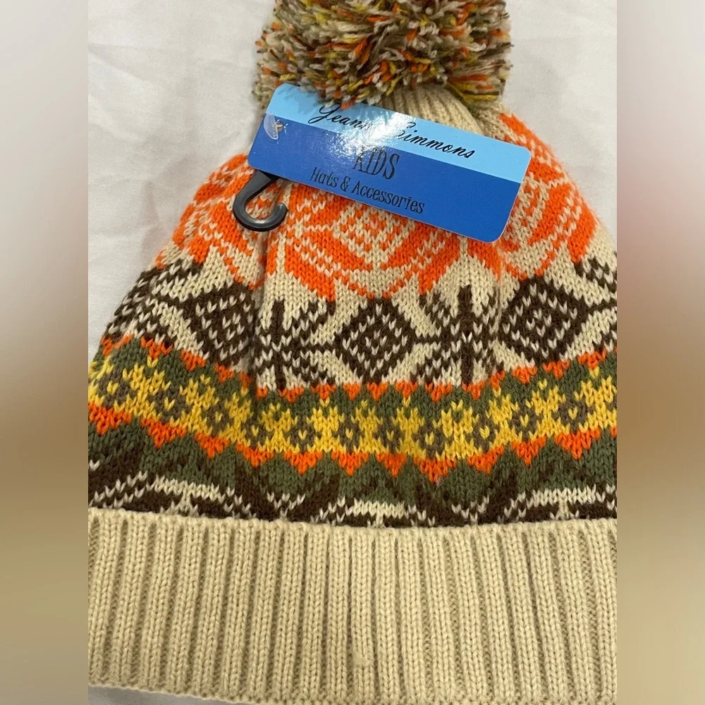 Jeanne Simmons Kids Fair Isle Beanie Winter Knit Hat‎ Pom Pom Orange Yellow NEW